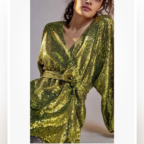 Anthropologie Sequin Wrap Dress in Chartruse - Picture 2 of 12
